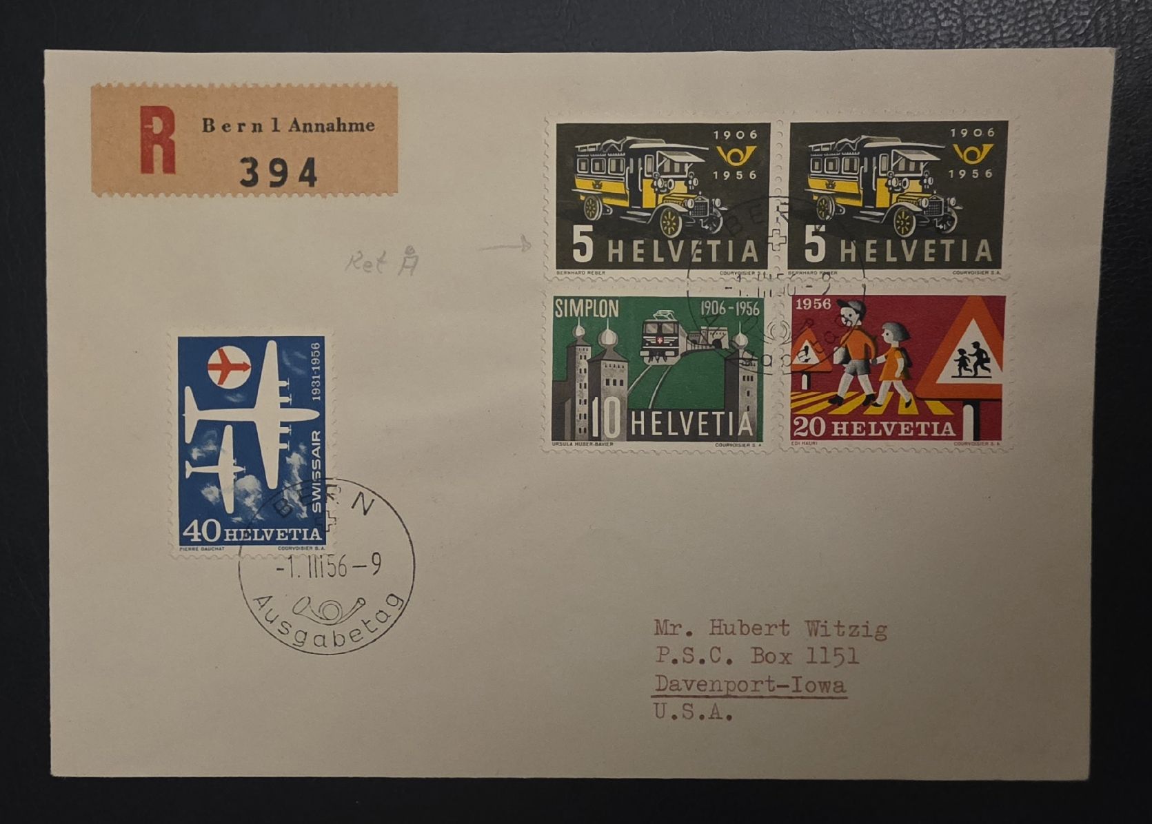 Tutti i francobolli: 1956 Gedenkmarken FDC  – Usato da Bern venduto da Kocholo