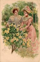 zwei Frauen in viktorianischer Kleidung mit gelben Rosen