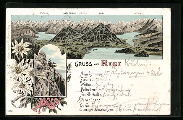 Cartoline postali: Lithographie Rigi, Alpenpanorama mit See – Usato da Berlin venduto da bartko-reher
