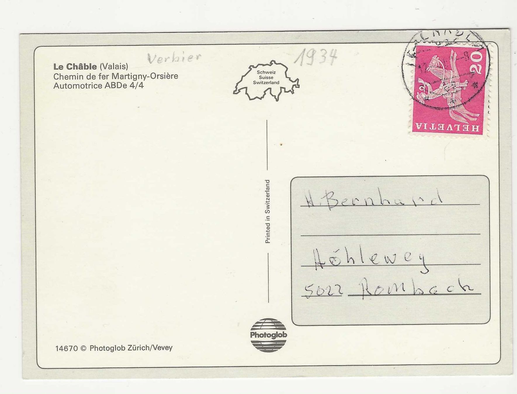 Cartoline postali: LA CHÂBLE / VS  CHEMIN DE FER MARTIGNY-ORSIÈRE – Usato da Küttigen venduto da rolypo 1
