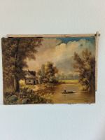 Altes Ölgemälde auf Leinwand, Herbstlandschaft mit See