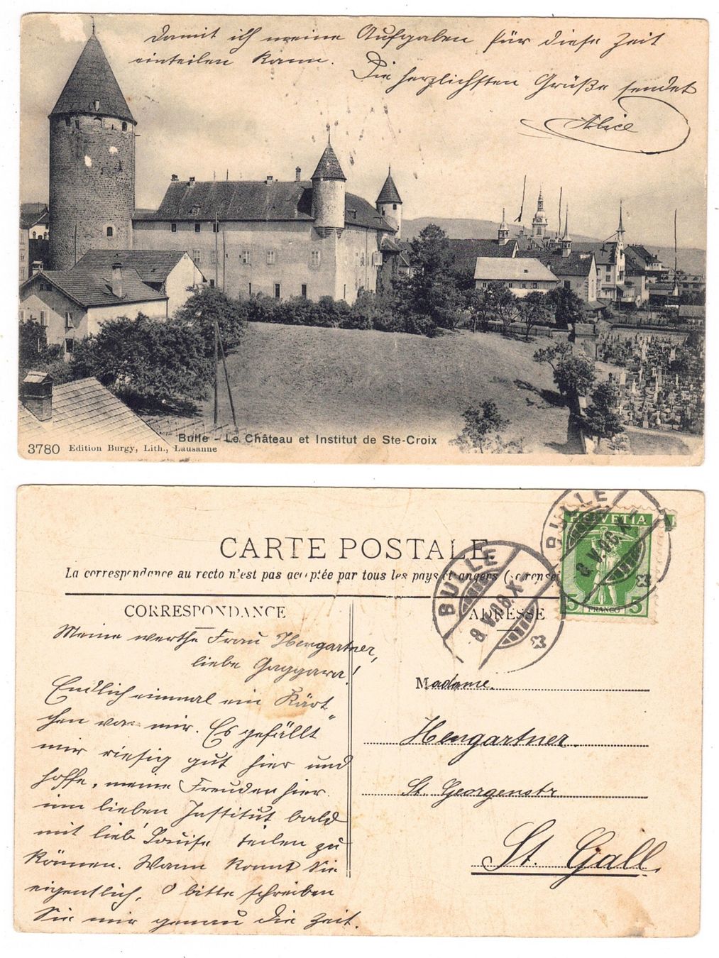Cartoline postali: Bulle, le Château et Institut de Ste-Croix – Usato da La Tour-de-Peilz venduto da amjust