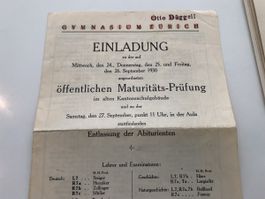 9 Maturkarten + Einladung MATUR-FEIER 1930 Gymi ZÜRICH 