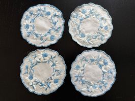4er Set vintage Untersetzer bestickt mit Blumenmuster bla...