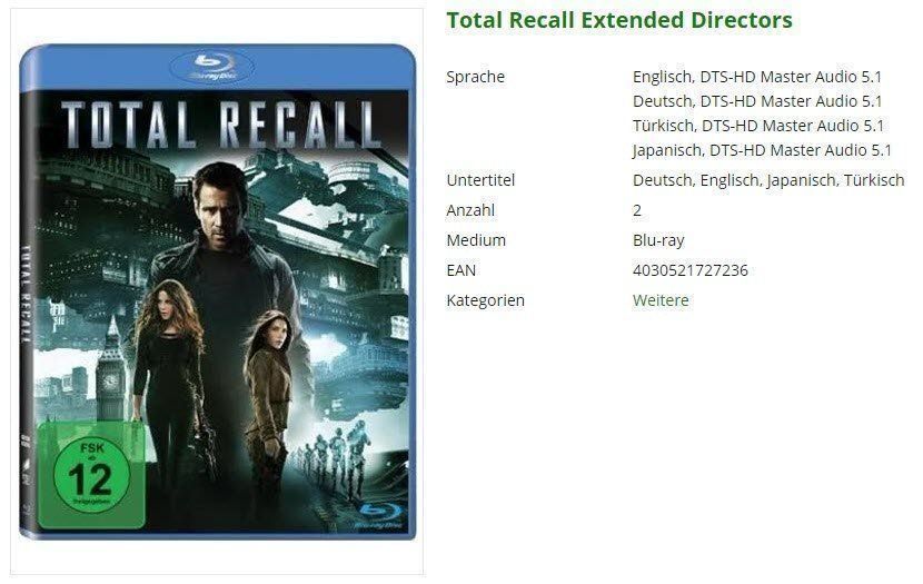 Tutti i DVDs: Total Recall Extended Directors (Bluray) – Usato da Buchrain venduto da Sssschaller