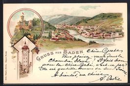 Litho Baden, Uhrenturm, Burg und Gesamta