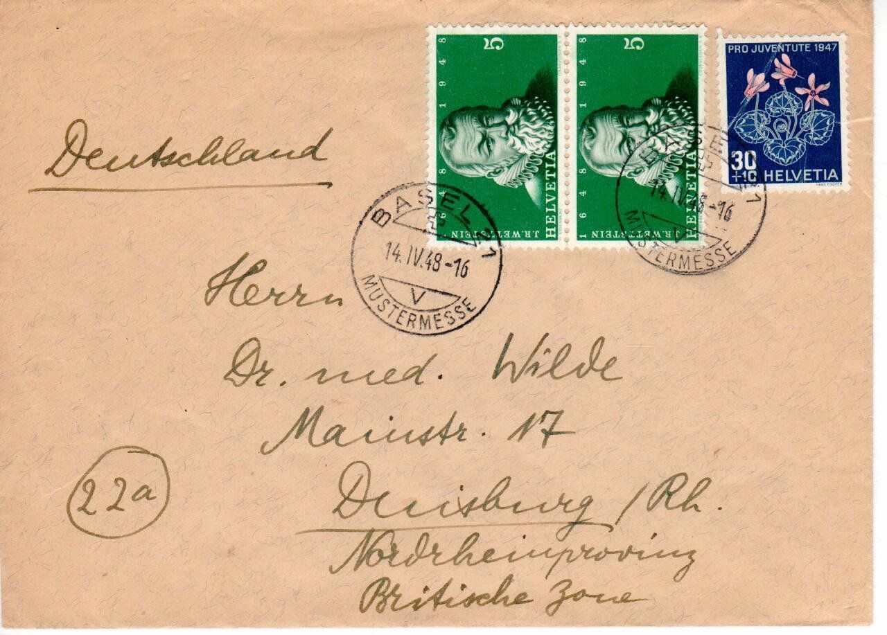 Tutti i francobolli: Brief, Basel - Deutschland, Vignette Mustermesse Basel 1948 – Usato da Wolhusen venduto da Curver9