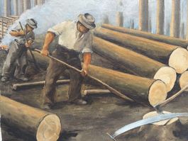 Altes Gemälde, Holzfäller im Wald. signiert. 1945.