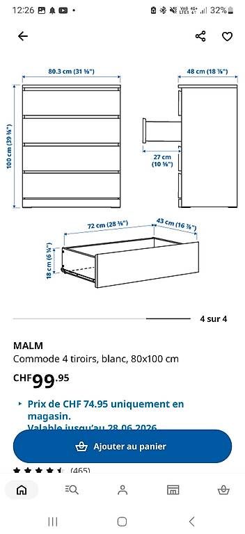 Ikea Cassettiere: 2 commodes IKEA MALM blanches - 4 tiroirs – Usato da Montricher venduto da bil_fyq7 1
