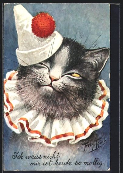 Ansichtskarten: Arthur Thiele: Katze mit Harlekinsmütze – Gebraucht aus Berlin von bartko-reher