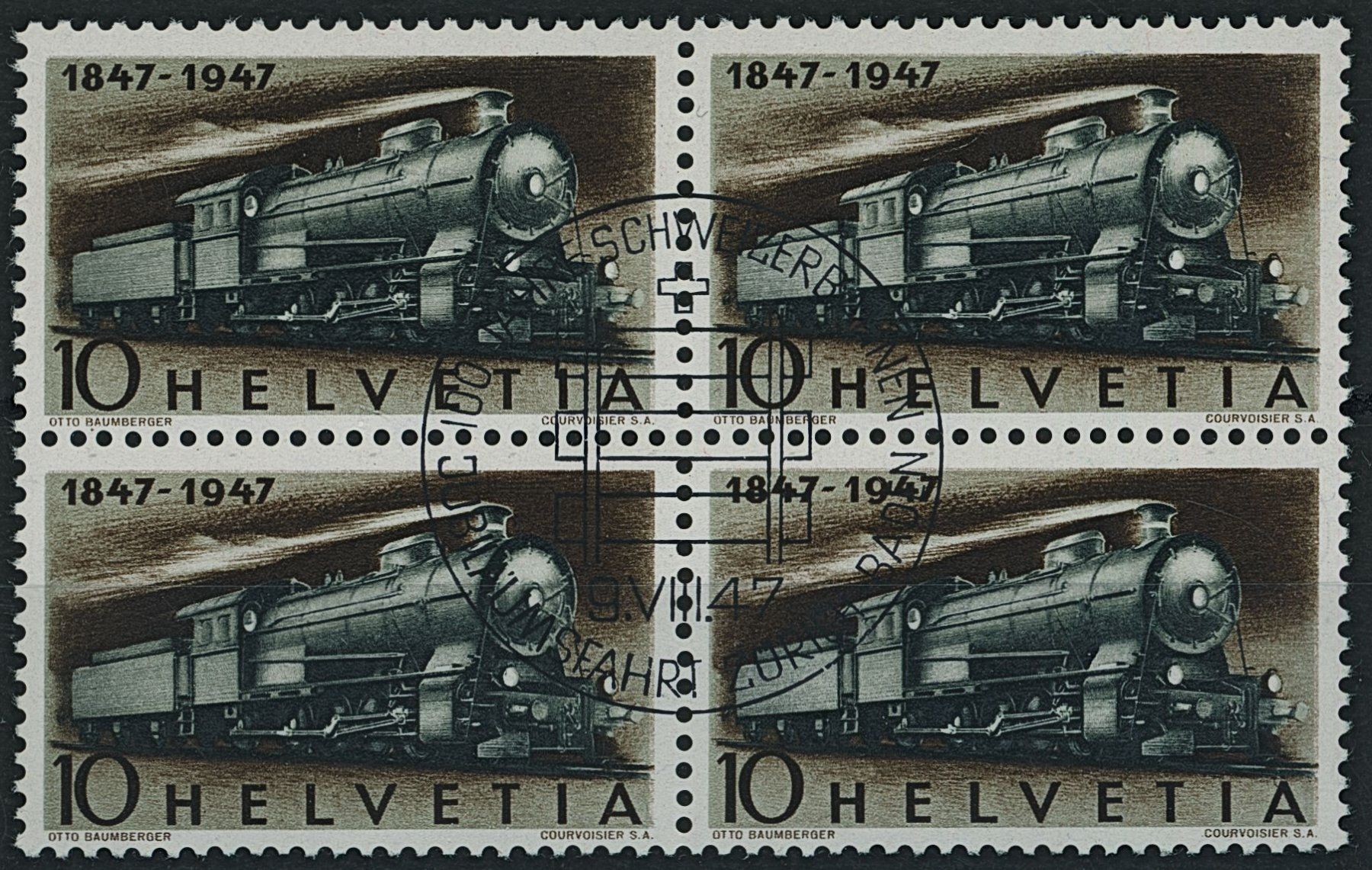 Alle Briefmarken: 1947 - Eisenbahnen - Viererblock - Ersttag Stempel ET – Gebraucht aus Schindellegi von leecollect