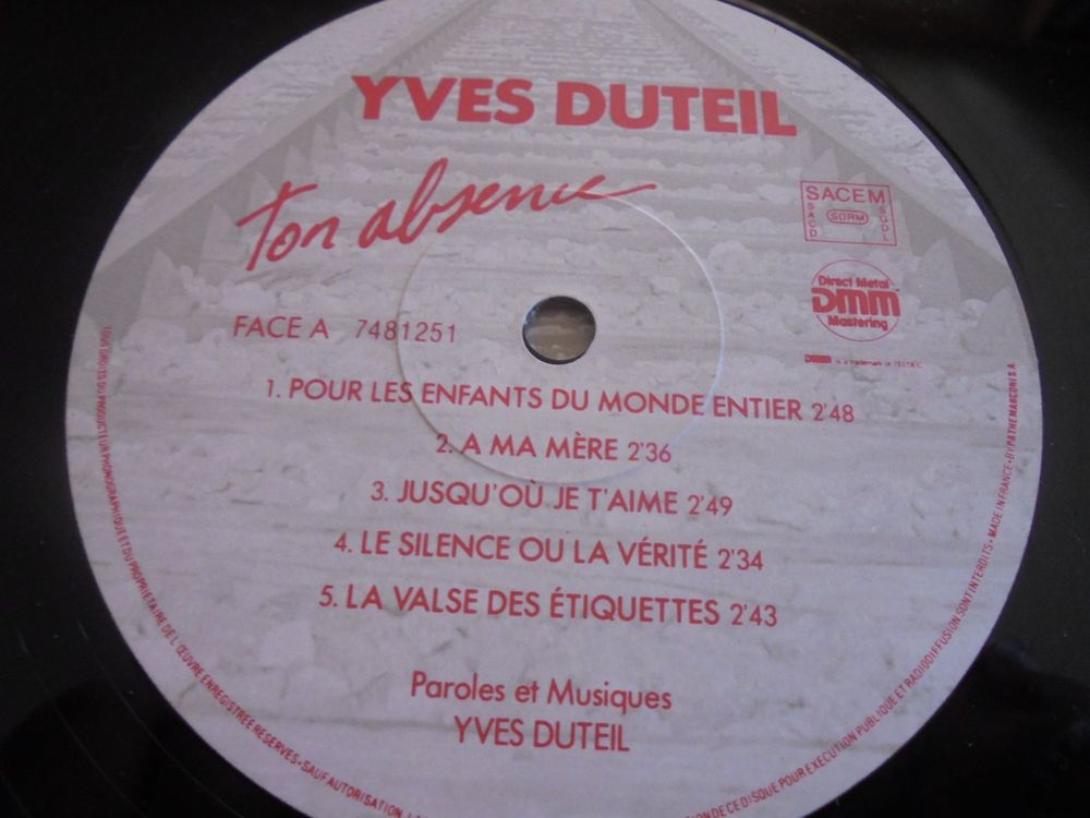 Yves Duteil " Ton absence " LP France 1987 | Ricardo