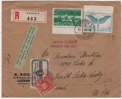 Chargé-Beleg von LUZERN n. SALT LAKE CITY mit USA Portomarke