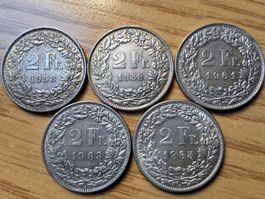 Silberlot 2 Franken 1958/65 - 5 Stück!