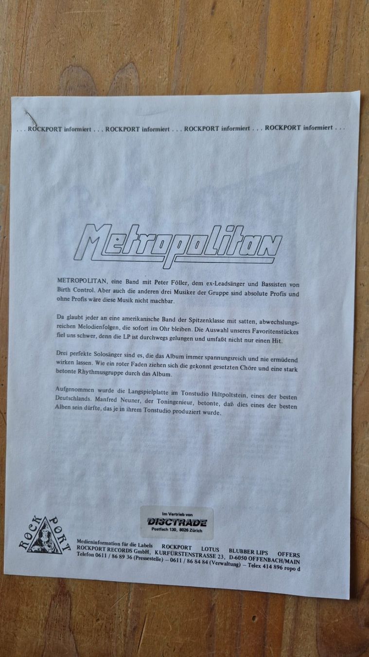 Schallplatten: METROPOLITAN - ST - KRAUTROCK EX- BIRTH CONTROL - VINYL LP – Gebraucht aus Basel von Patiscat 5