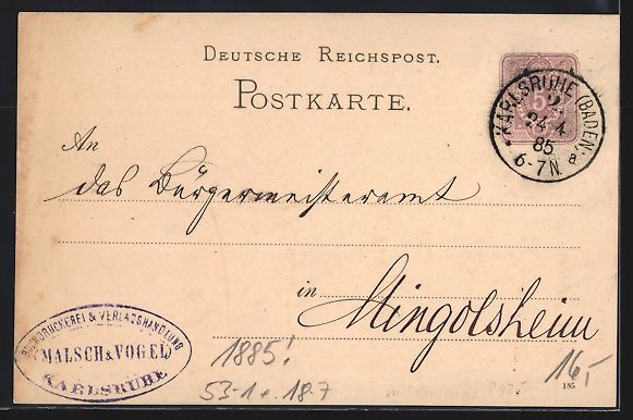 Cancelleria postale: Vorläufer-AK Karlsruhe, 1885, Rechnung  – Usato da Berlin venduto da bartko-reher 1