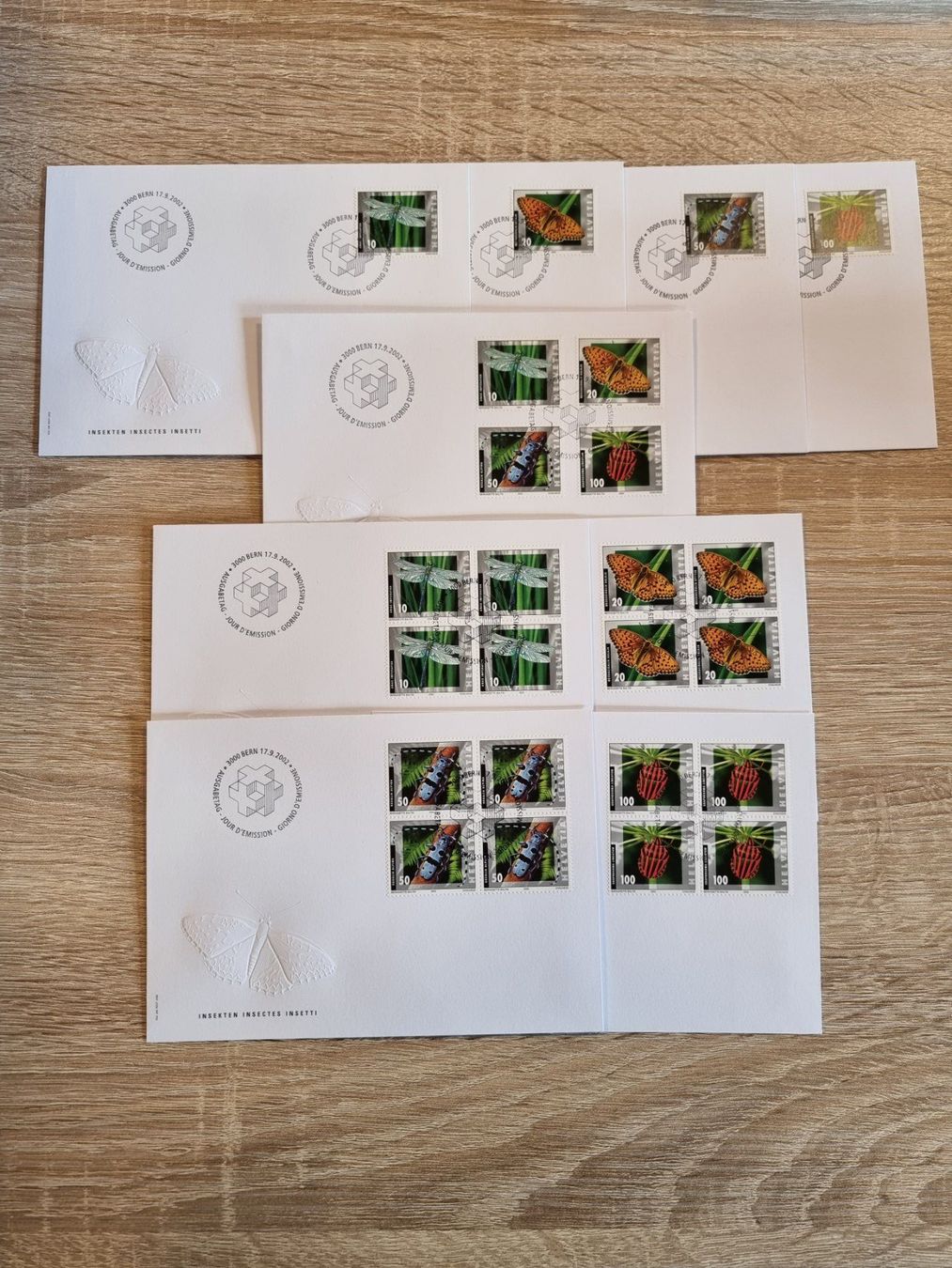 Tutti i francobolli: 9 CH-FDC Insekten - 4er Blocks - Einzel + Satz 2002 - ET – Usato da Buchen venduto da Jonny58