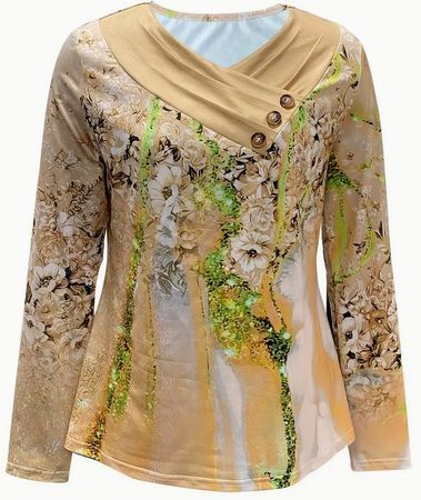 Top Langarm beige mit Blumendruck Grösse M/38