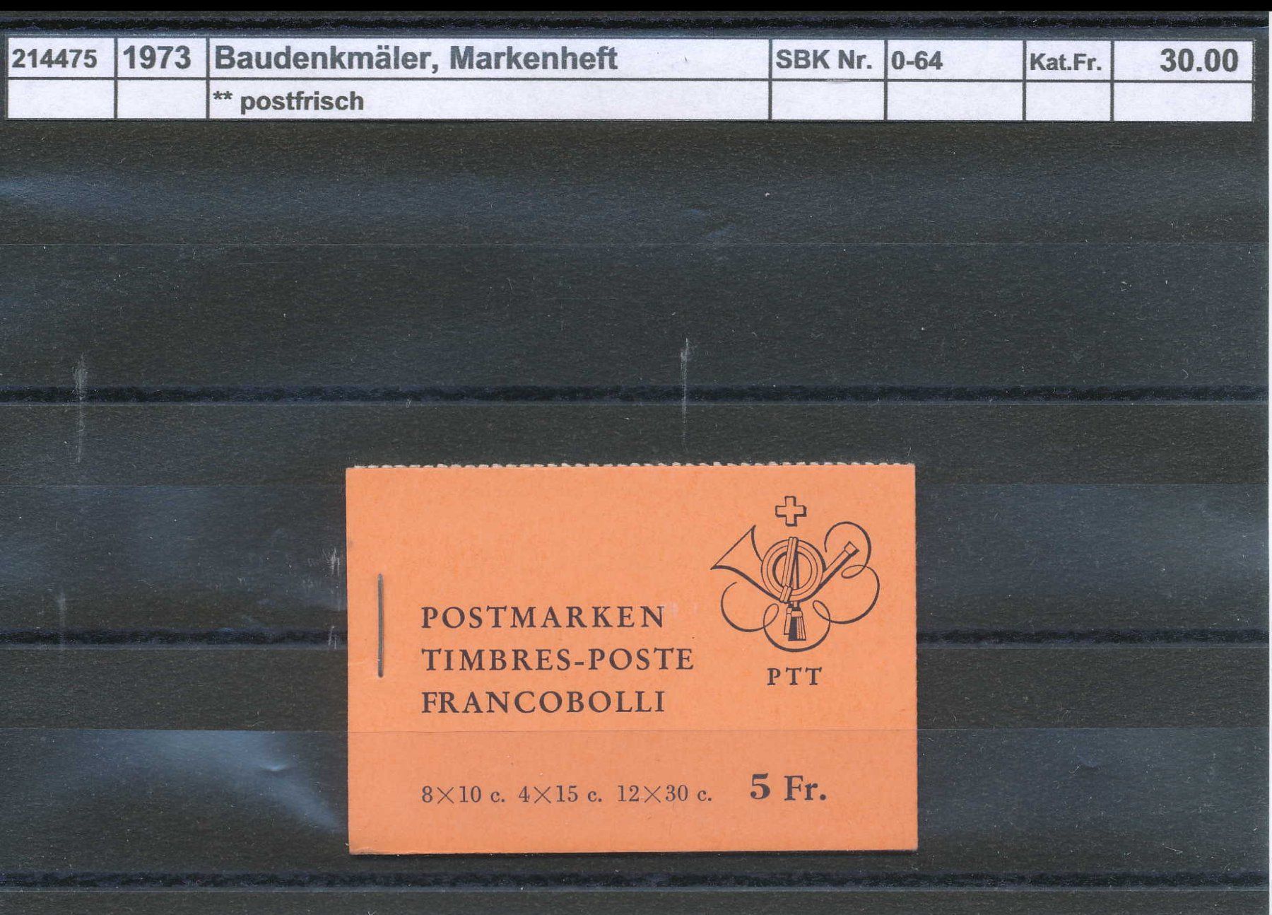 Tutti i francobolli: 1973 Baudenkmäler, Markenheftchen "rotorange", ** postfrisch – Nuovo (secondo la descrizione) da Winterthur venduto da Zupogeru