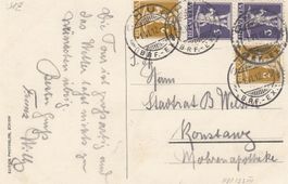 1912 Postkarte Gebirgspost Schweiz mit vier Marken, Konstanz