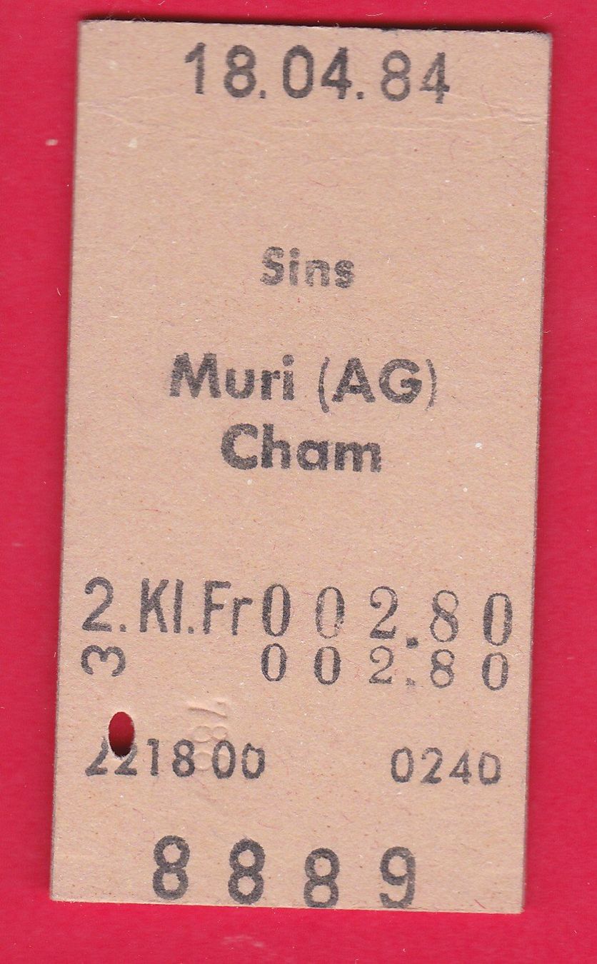 Biglietti: KARTON BILLETT, SINS - CHAM, 2.KLASSE, EINFACH, 18.4.84 – Usato da Oberrieden venduto da Gebirgsstelze