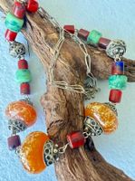 Ethno-Collier Tibet Stil Bernstein-, Koralle & Türkisoptik