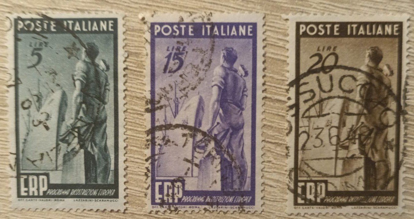 Tutti i francobolli: sellos Italia 1949 Workman and Ship – Usato da Stein am Rhein venduto da tom_fq6v
