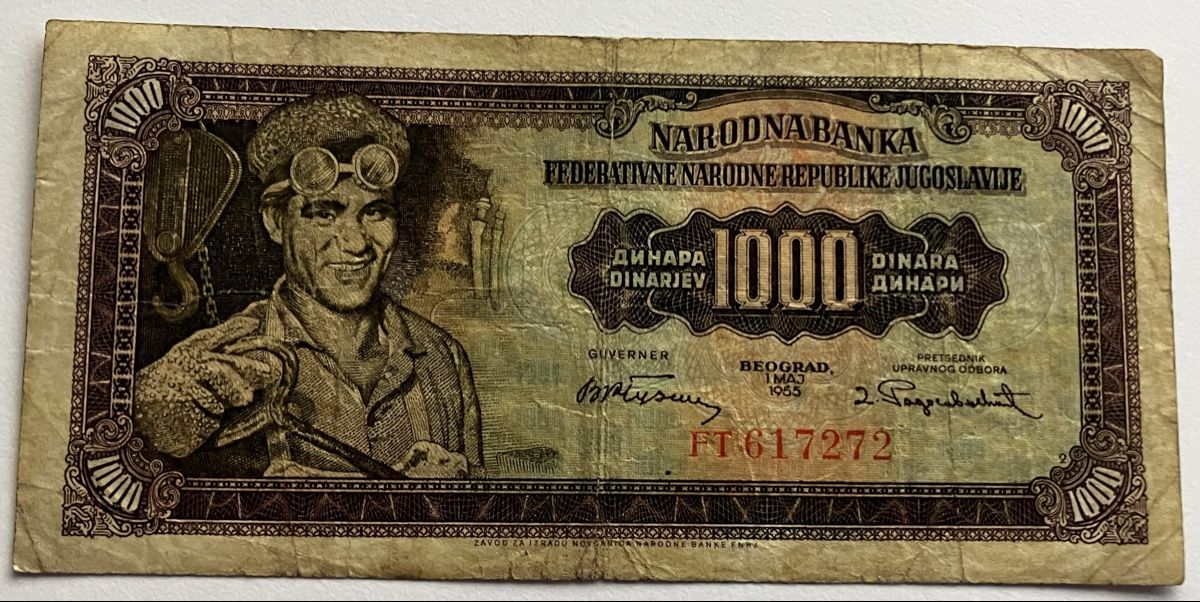 Banknoten: Jugoslawien 1000 Dinara 1955 – Gebraucht aus Algetshausen von Carrhard