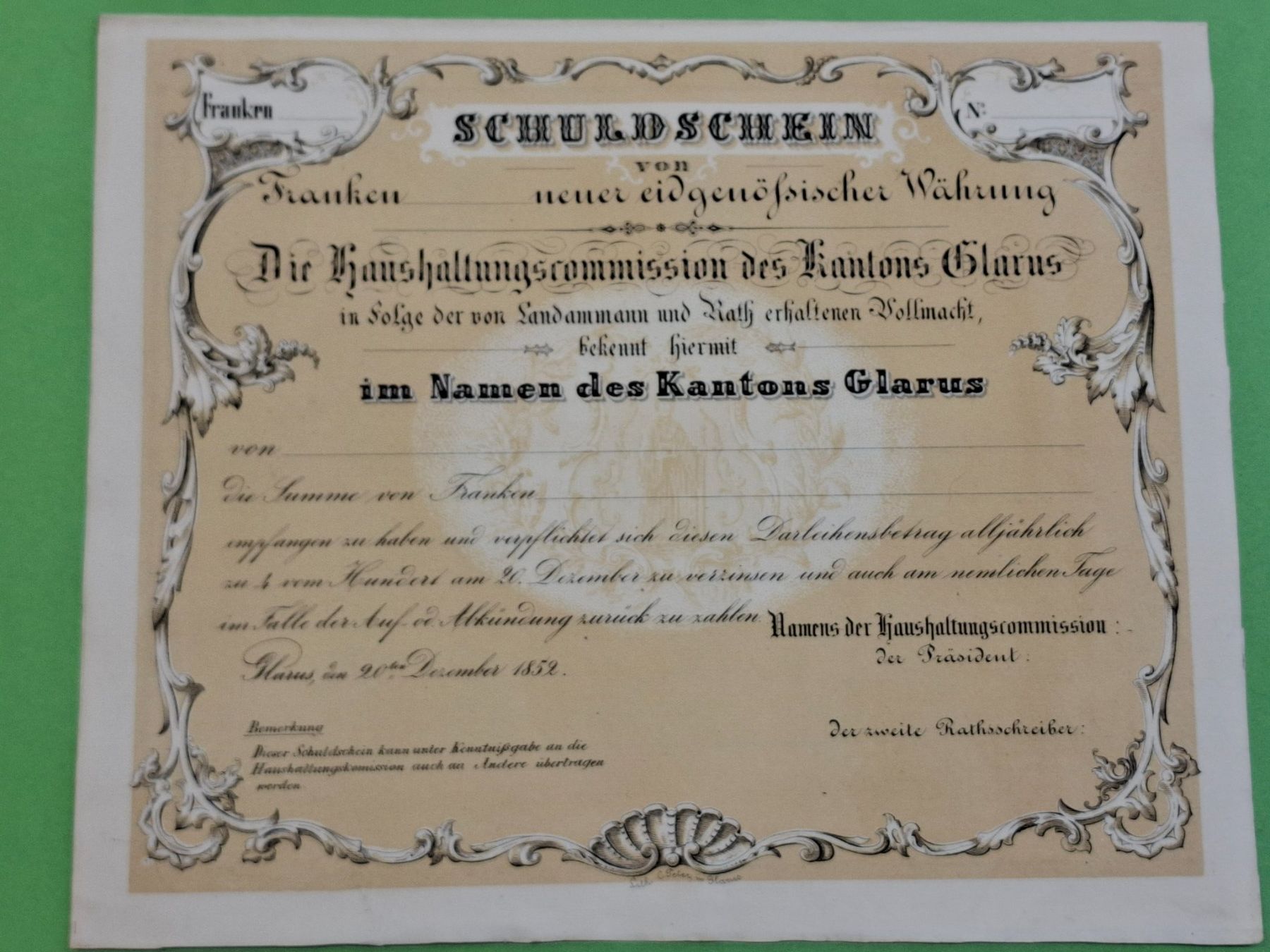 Documenti: Schuldschein Kt. Glarus 1852 – Difettoso da Schwanden GL venduto da Suvorov 6