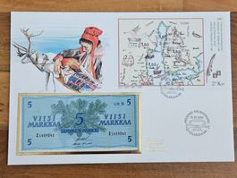 Notenbrief Bankfrische 5Markkaa-Banknote von Suomi Finnland