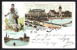 Litho Zürich, Bahnhof und Landesmuseum,