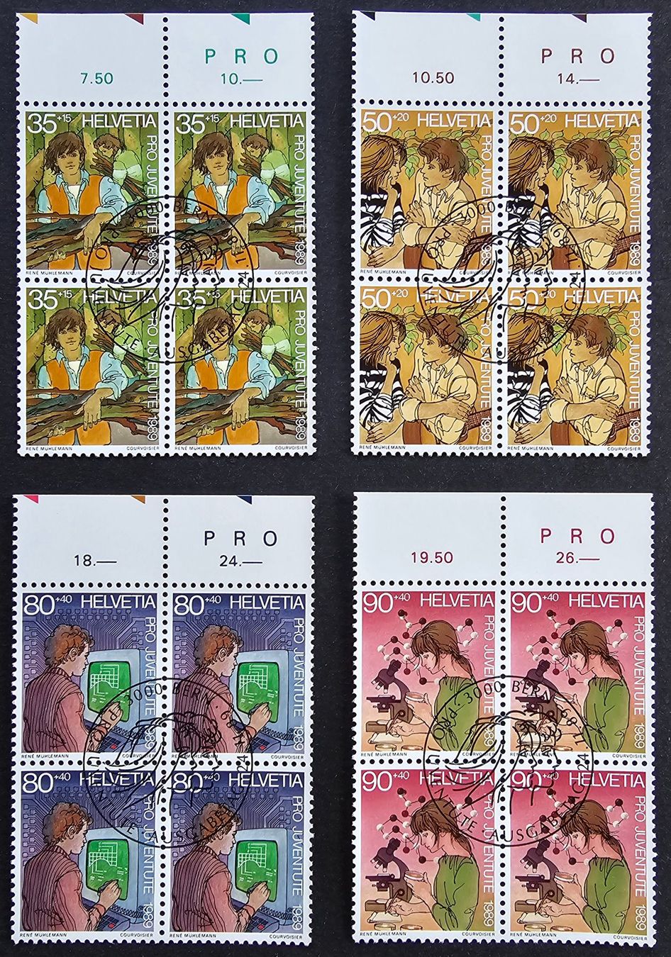 Alle Briefmarken: PJ "Jugendliche"/ET (1989) Viererblöcke mit Tab – Neu (gemäss Beschreibung) aus Hittnau von stamps_and_coins
