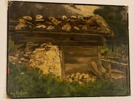 August Kaufmann Landschaftsgemälde signiert mit Hütte