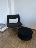 Modern Lounge Chair with Footstool, Dark Grey Fabric