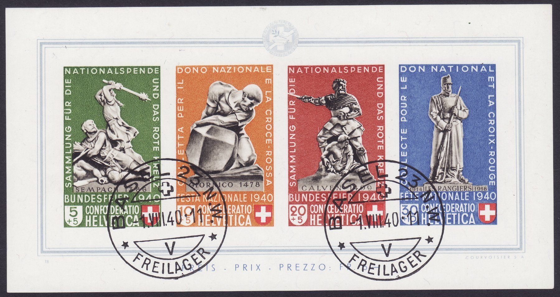 Tutti i francobolli: Bundesfeierblock 1940 mit Rasterfehler ZNr. 10.4.02, Attest – Usato da Gränichen venduto da Teufenthaler
