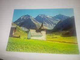 Postkarte Sertig Dörfli Davos Kirche mit Berg-Panorama