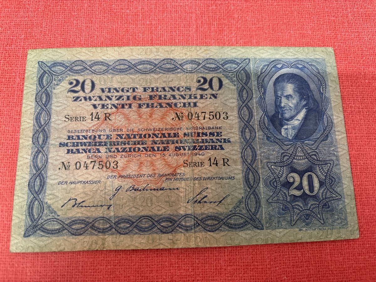 Historische 20 CHF Note von 1940 - Serie 14R Rarität (Gebraucht) in ...