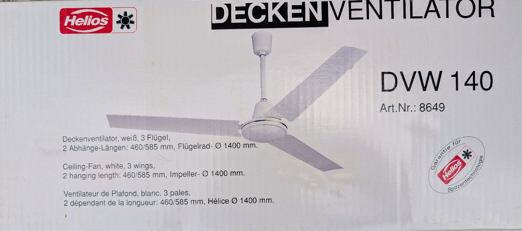 Helios Ventilateurs: Helios Deckenventilator DVW 140 weiss 1400mm  – Neuf avec emballage d'origine à Oberriet SG par Bokost