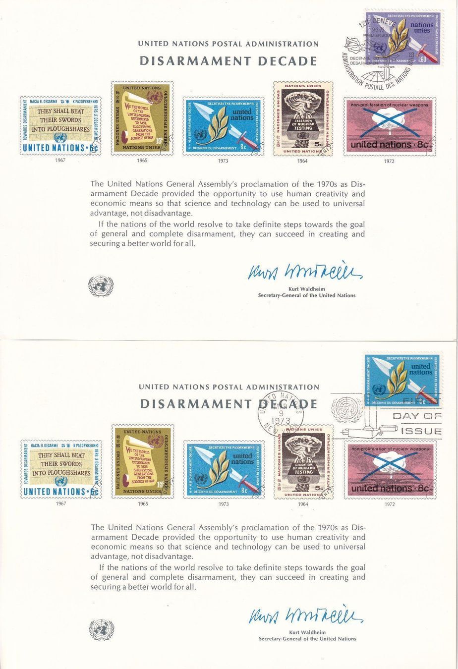 Tous les timbres: UNO 1973, 2x Disarmament Decade FDC – Neuf (Voir description) à Castione par Rx-stamps