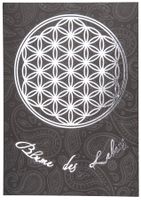 Postkarte - Paisley schwarz, Blume des Lebens silbern