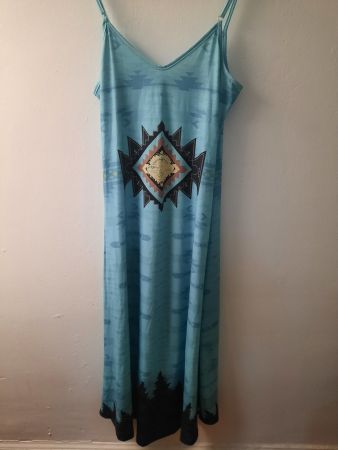 Sommerkleid türkis – Ethno-Muster, lang, Träger, Boho Style