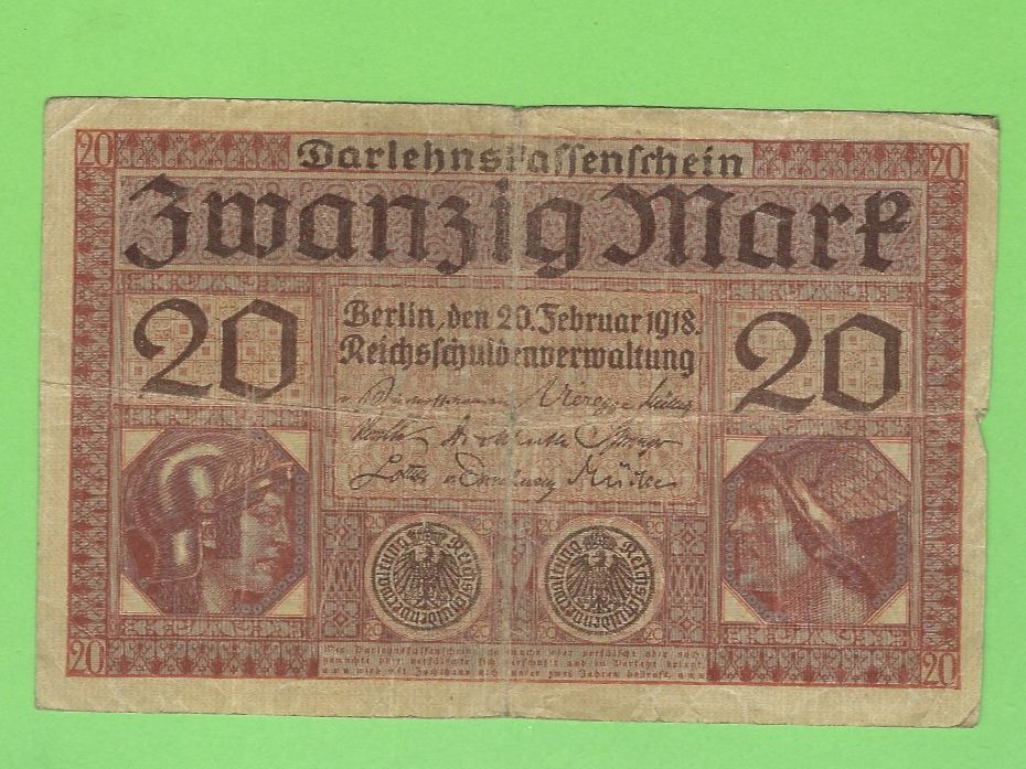 Banknoten: 20 Mark Darlehnsschein Berlin 1918, Historische Note – Gebraucht aus Zürich von t24_de