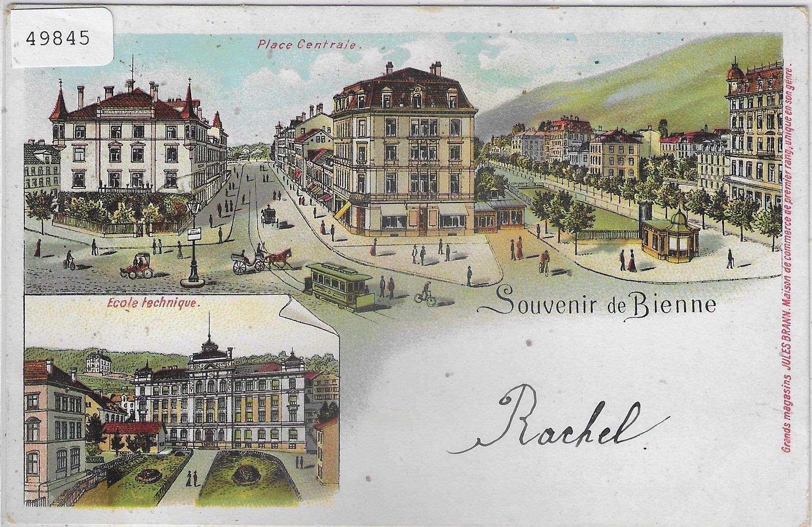 Cartoline postali: Souvenir de Bienne - Place Centrale, Ecole technique - Litho – Usato da Ettingen venduto da Kartenplanet