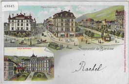 Souvenir de Bienne - Place Centrale, Ecole technique - Litho
