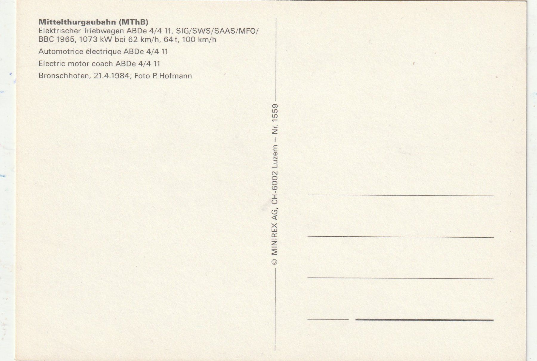 Cartoline postali: Mittelthurgauer Bahn  um 1984 – Usato da Lumbrein venduto da made02 1