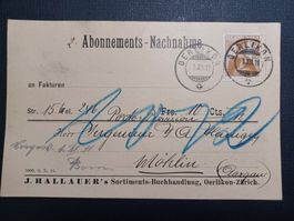 J.Hallauer, Buchhandlung, Zürich nach Möhlin, AG, 1.XII.11