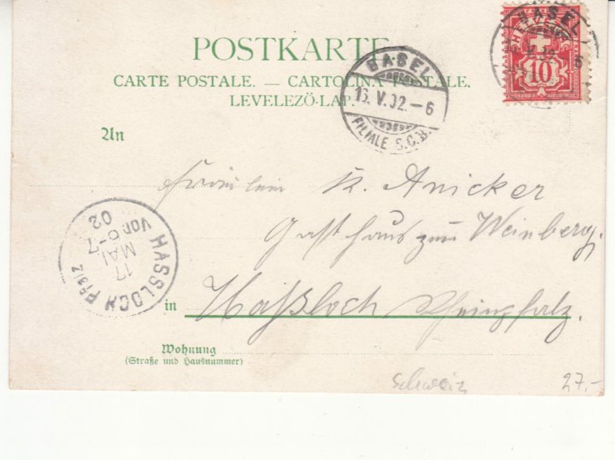 Cartoline postali: Künstlerkarte 1902 mit ST Basel S.C.B. – Usato da Bürglen TG venduto da StampGraf 1