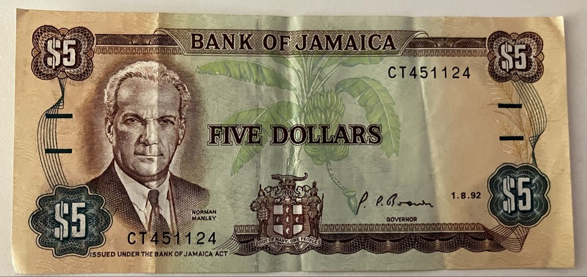 Banknoten: Jamaika 5 Dollars 1992 – Gebraucht aus Algetshausen von Carrhard
