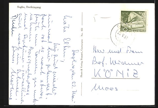 Ansichtskarten: AK Soglio, Dorfeingang mit Kirche, 1958 – Gebraucht aus Berlin von bartko-reher 1