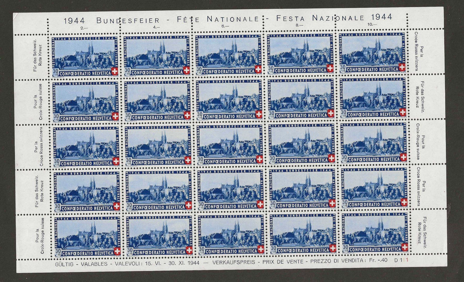 Tutti i francobolli: 1944 : Pro Patria Serie im Bogen **   KP 375.-- – Nuovo (secondo la descrizione) da Gümligen venduto da Geniusbuy